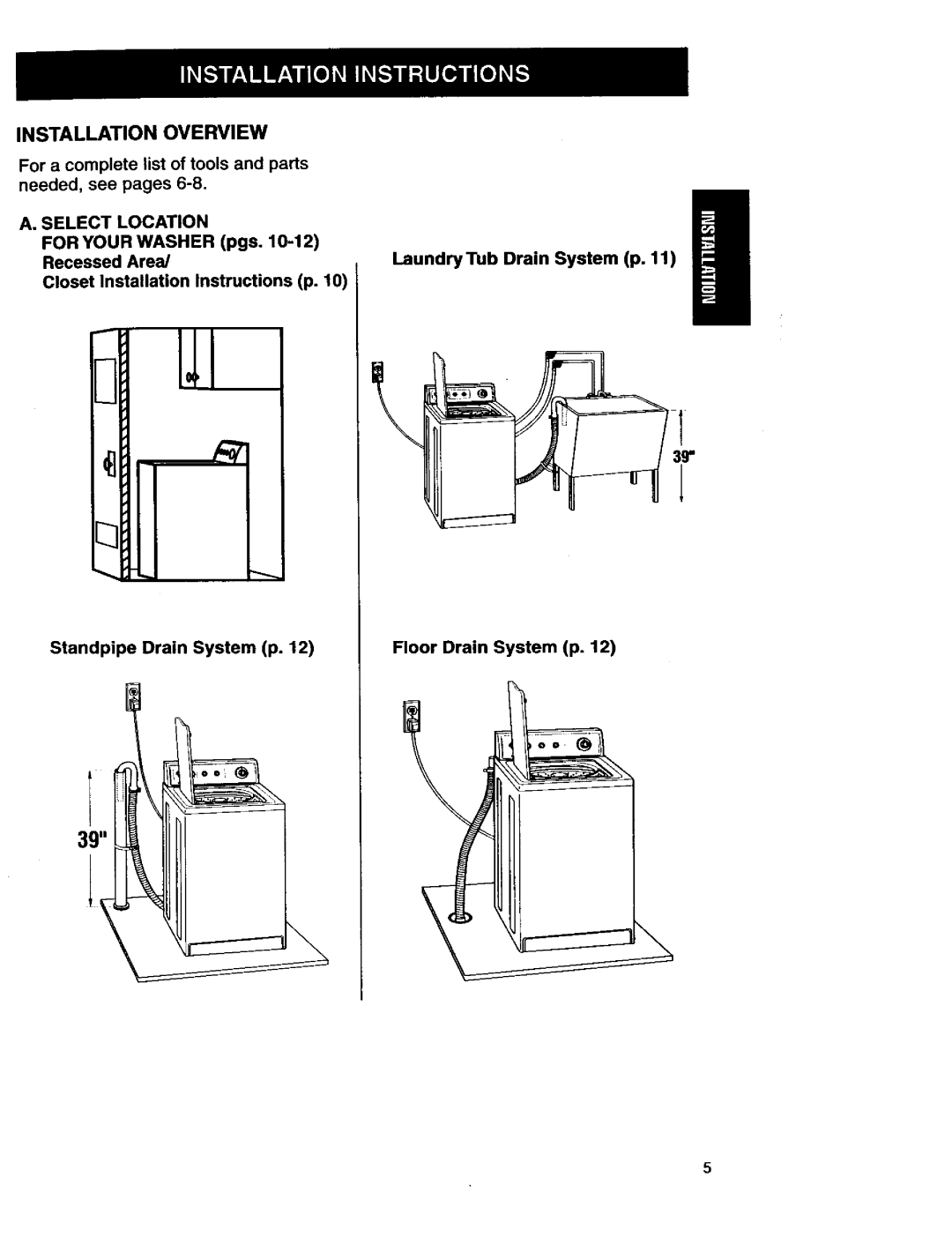 Kenmore 3950145 Installation Overview, For a complete list of tools and parts Needed, see pages, Select Location 