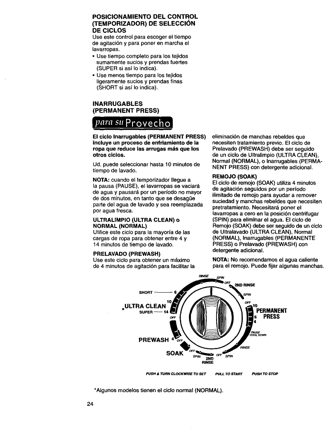 Kenmore 110.29882891 Inarrugables Permanent Press, Ultralimpio Ultra Clean 0 Normal Normal, Prelavado Prewash, Remojo Soak 