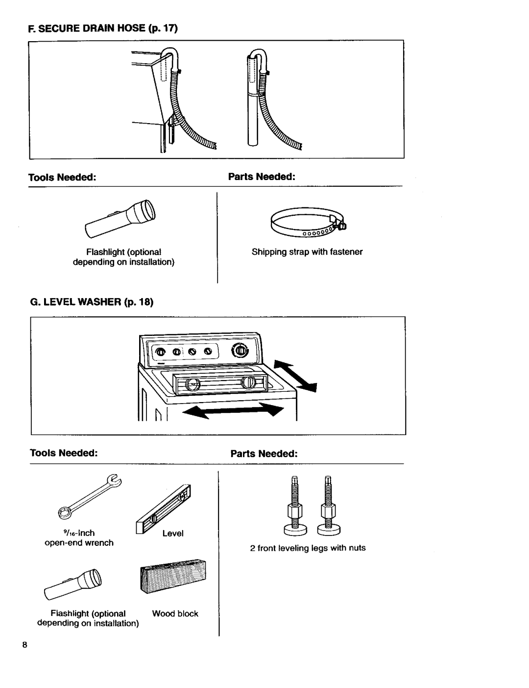 Kenmore 11026832692, 3950145, 110.29884890 Secure Drain Hose p, Flashlight optional Wood block Depending on installation 