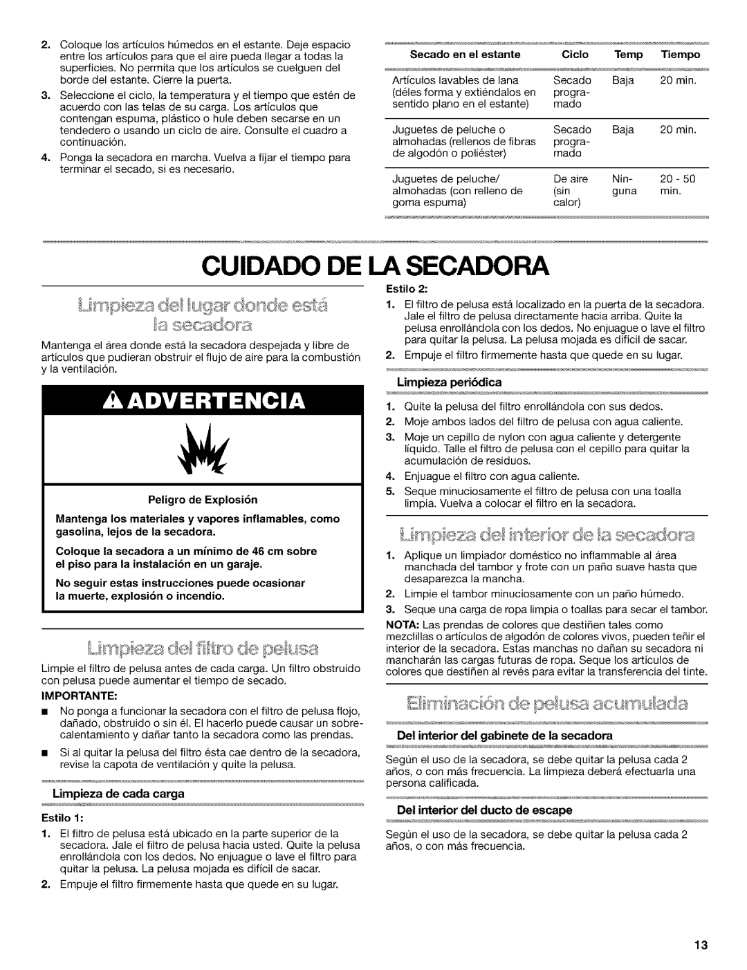 Kenmore 3979964 manual Secado En el estante Ciclo Temp, Limpieza de cada carga Estilo, Limpieza peri6dica 