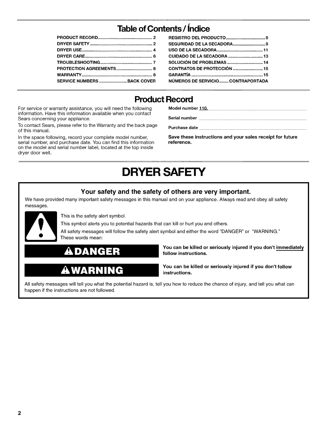 Kenmore 3979964 manual Dryer Safety, Table of Contents / ndice 