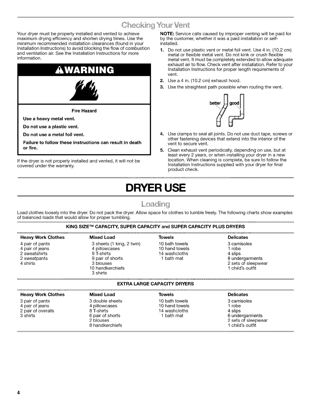 Kenmore 3979964 manual Dryer USE, Heavy Work Clothes Mixed Load Towels Delicates 