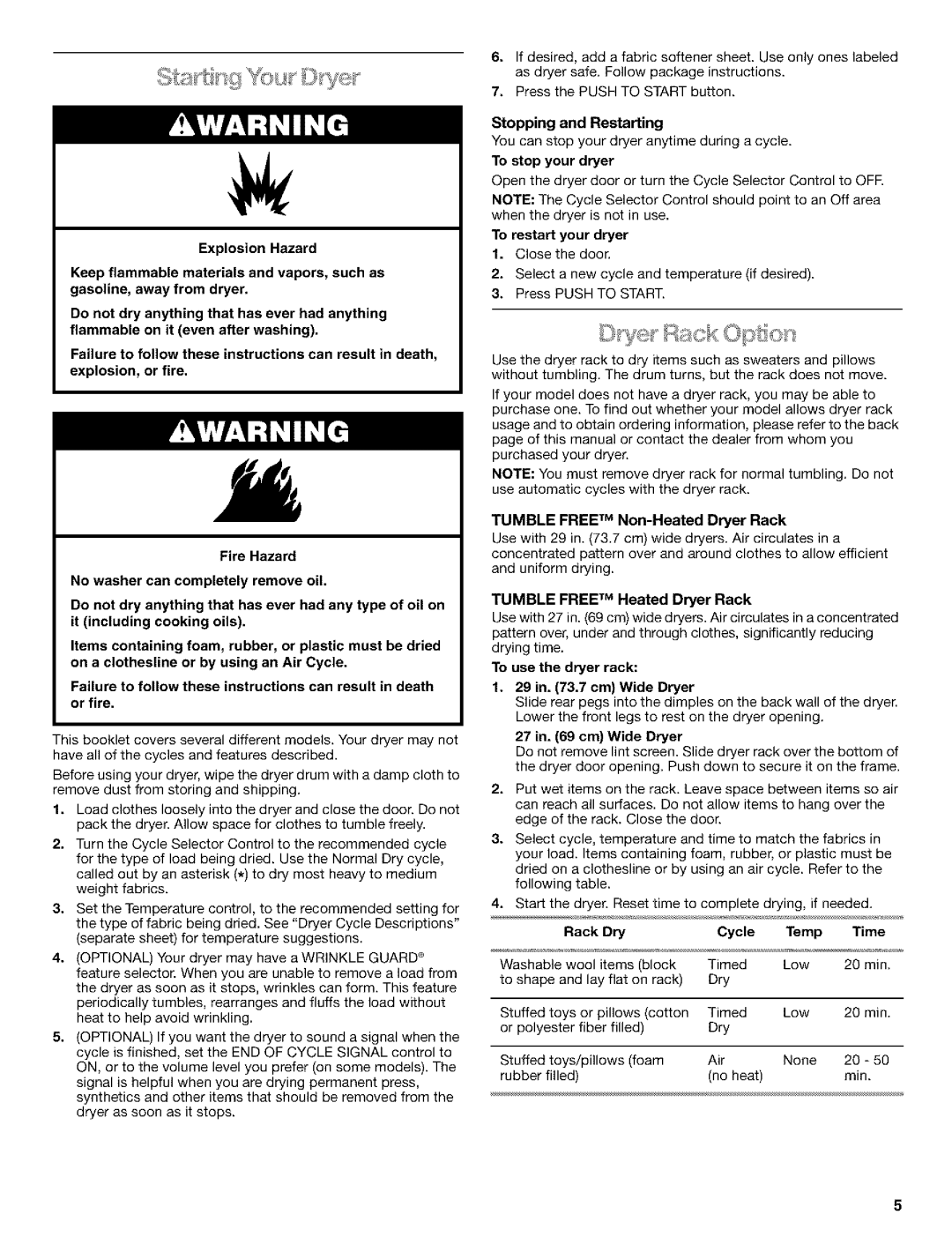 Kenmore 3979964 Stopping and Restarting, To stop your dryer, To restart your dryer, Tumble Free TM Non-Heated Dryer Rack 