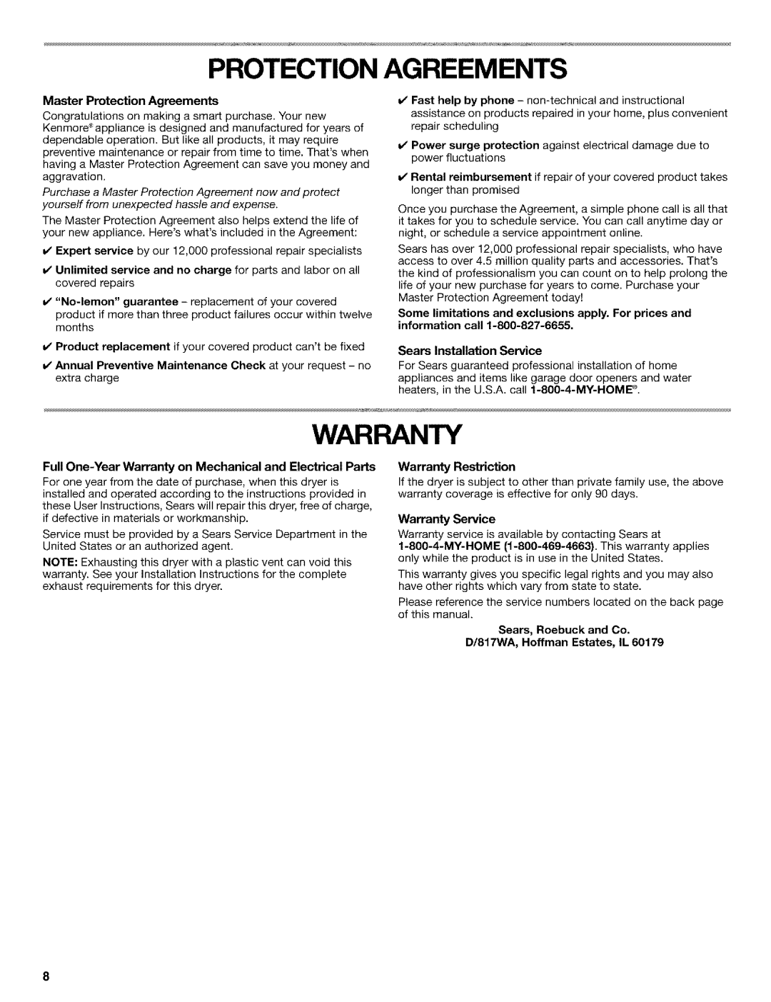 Kenmore 3979964 manual Protection Agreements 