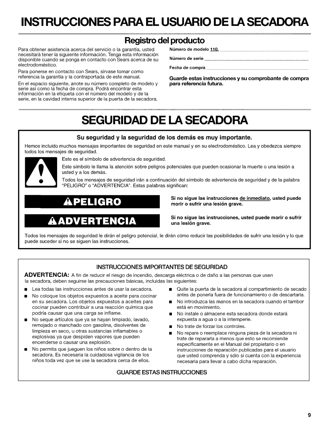 Kenmore 3979964 manual Instrucciones Para EL Usuario DE LA Secadora, Seguridad DE LA Secadora 