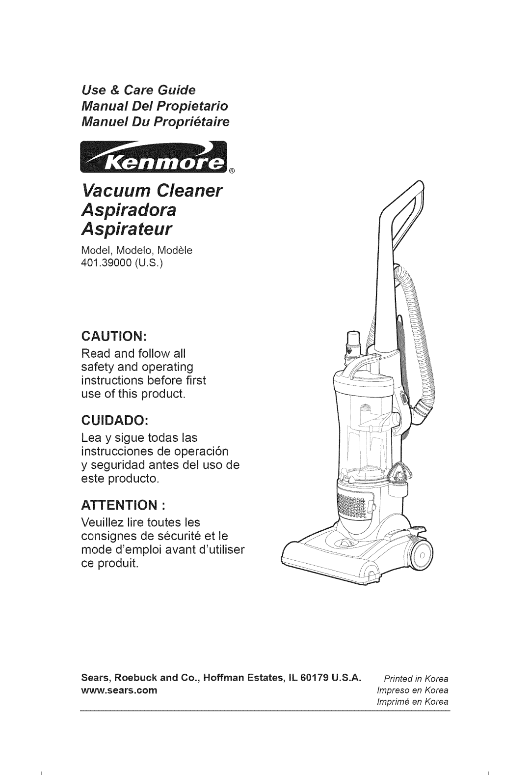 Kenmore 401.39000 manual Vacuum Cleaner Aspiradora Aspirateur 