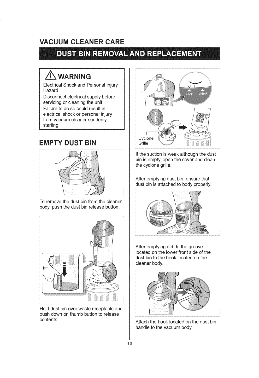 Kenmore 401.39000 manual VACUUM CLEANER CARE z WARNING, Empty Dust Bin 