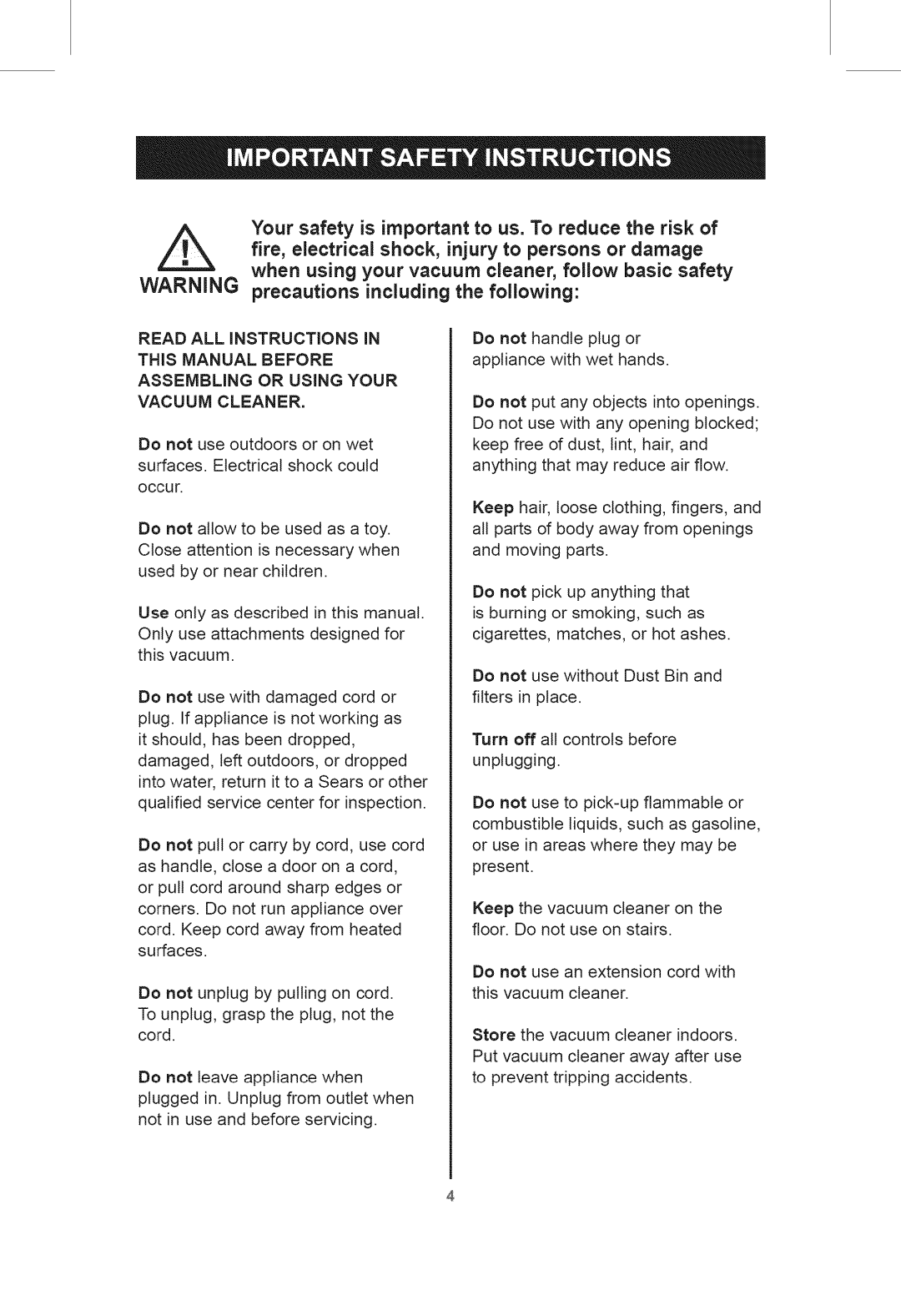 Kenmore 401.39000 manual WARNING precautions including the following, Vacuum Cleaner 
