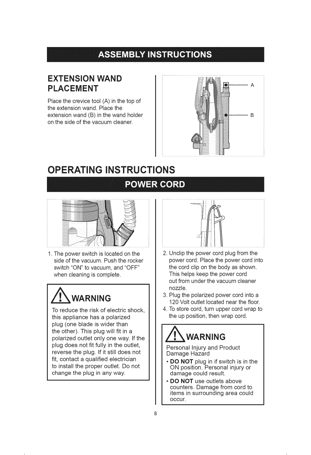Kenmore 401.39000 manual Extension Wand Placement, Awarning, OPERATING iNSTRUCTiONS 