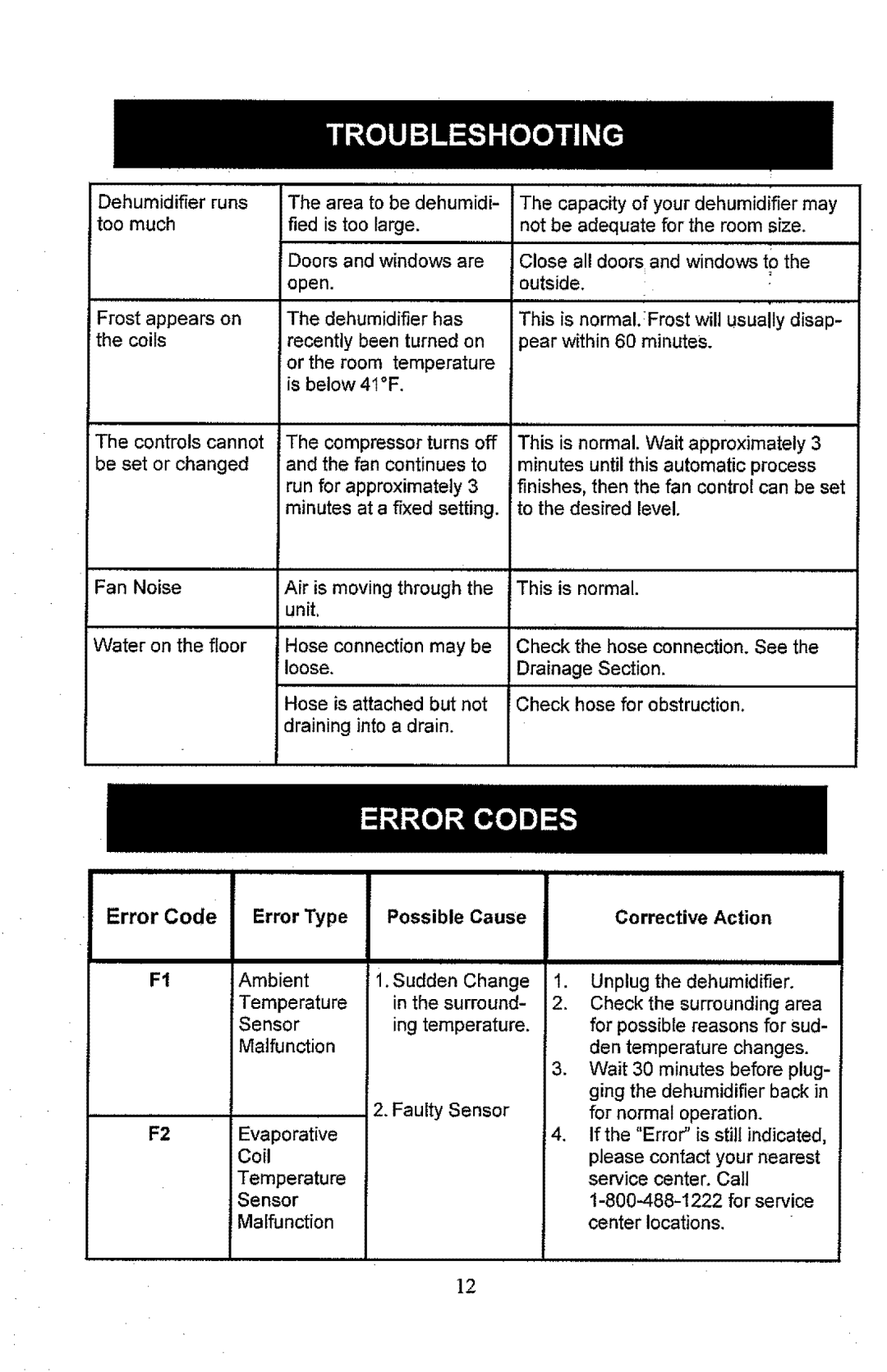 Kenmore 407.52301 manual Fan Noise, Error Code Error Type Possible Cause, Action 