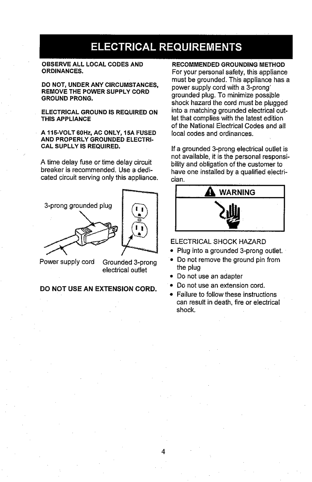 Kenmore 407.52301 manual Do not USE AN Extension Cord, Electrical Shock Hazard 