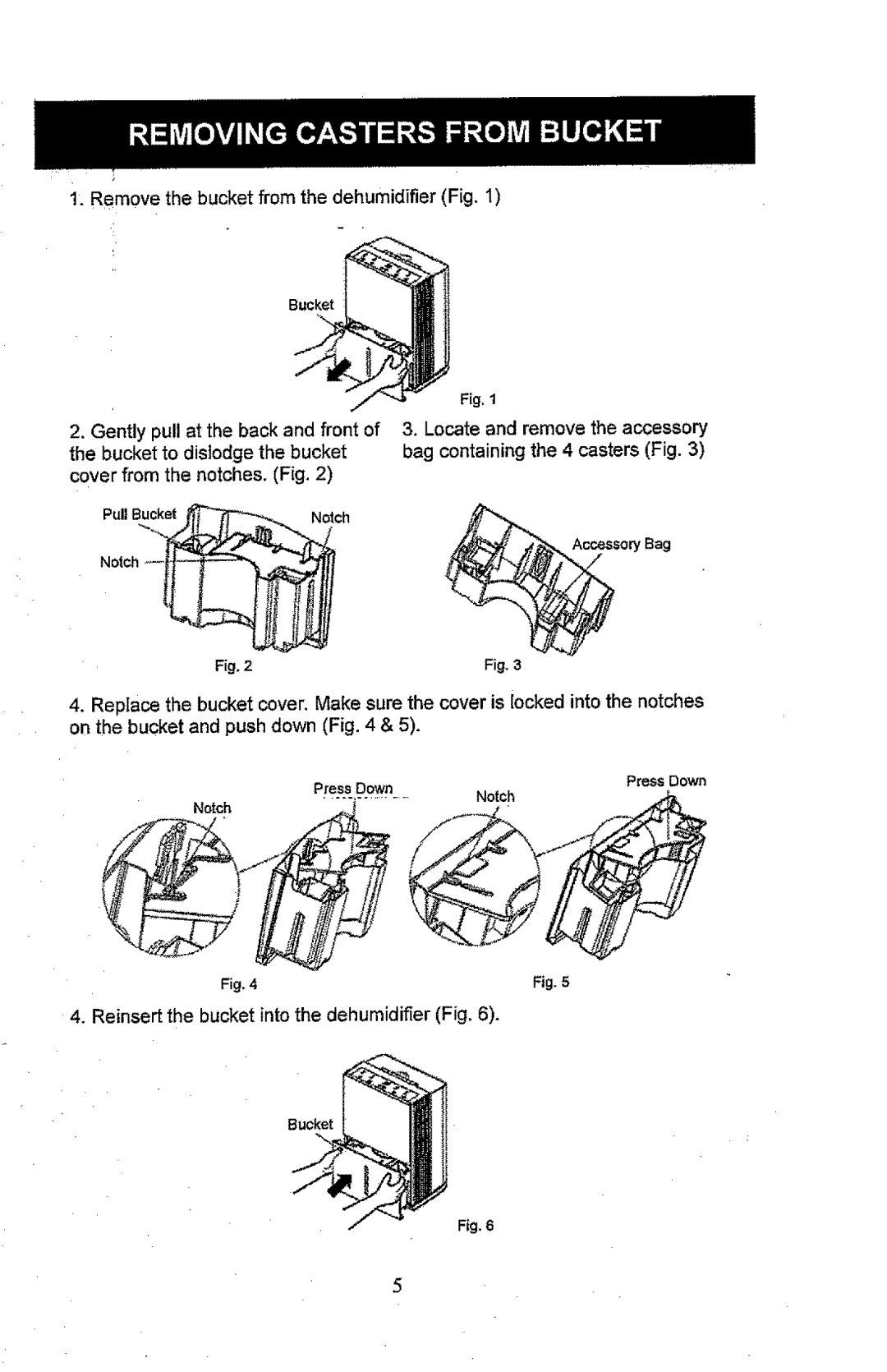 Kenmore 407.52301 manual RemovethebucketfromthedehumidifierFig1 