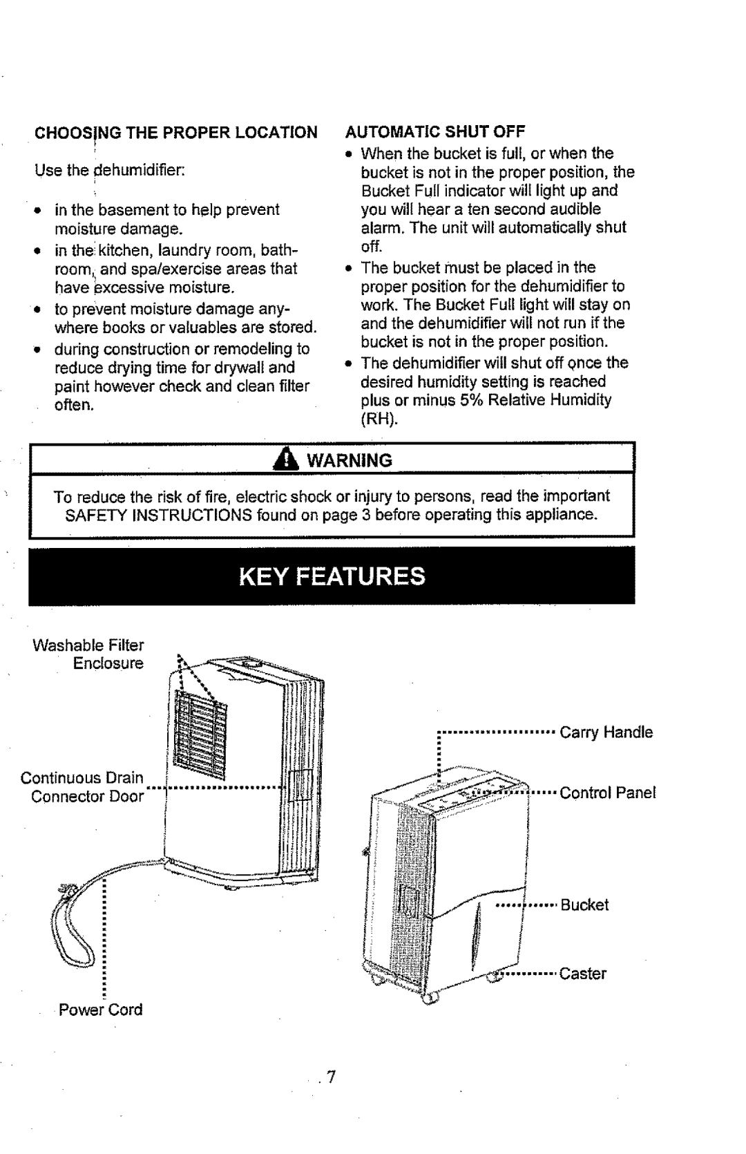 Kenmore 407.52301 manual Choosing the Proper Location, Automatic Shut OFF, Bucket must be placed 