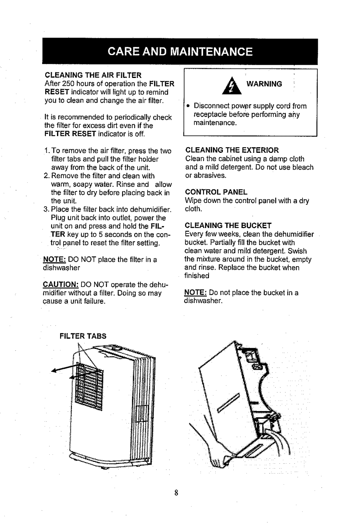 Kenmore 407.52501, 407.52701 manual Cleaning the AIR Filter, Filter Tabs, Control Panel, Cleaning the Bucket 