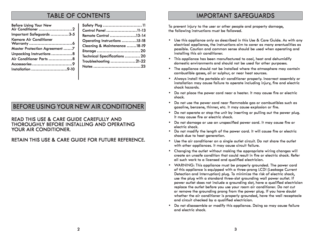 Kenmore 408.72012 Table Of Contents, Important Safeguards, Retain This Use & Care Guide For Future Reference, Installation 