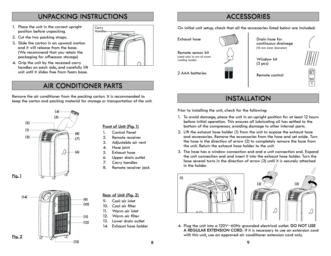 Kenmore 408.72012 manual Unpacking Instructions, Accessories, Air Conditioner Parts, Installation, Front of Unit Fig 
