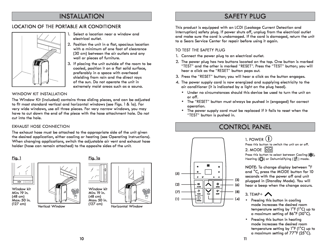 Kenmore 408.72012 manual Safety Plug, Control Panel, Location Of The Portable Air Conditioner, Installation 