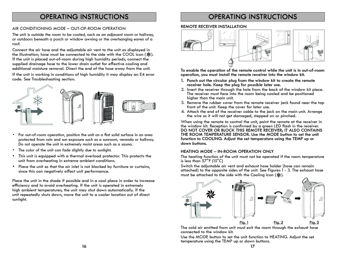 Kenmore 408.72012 manual Remote Receiver Installation, Heating Mode - In-Roomoperation Only, Operating Instructions 