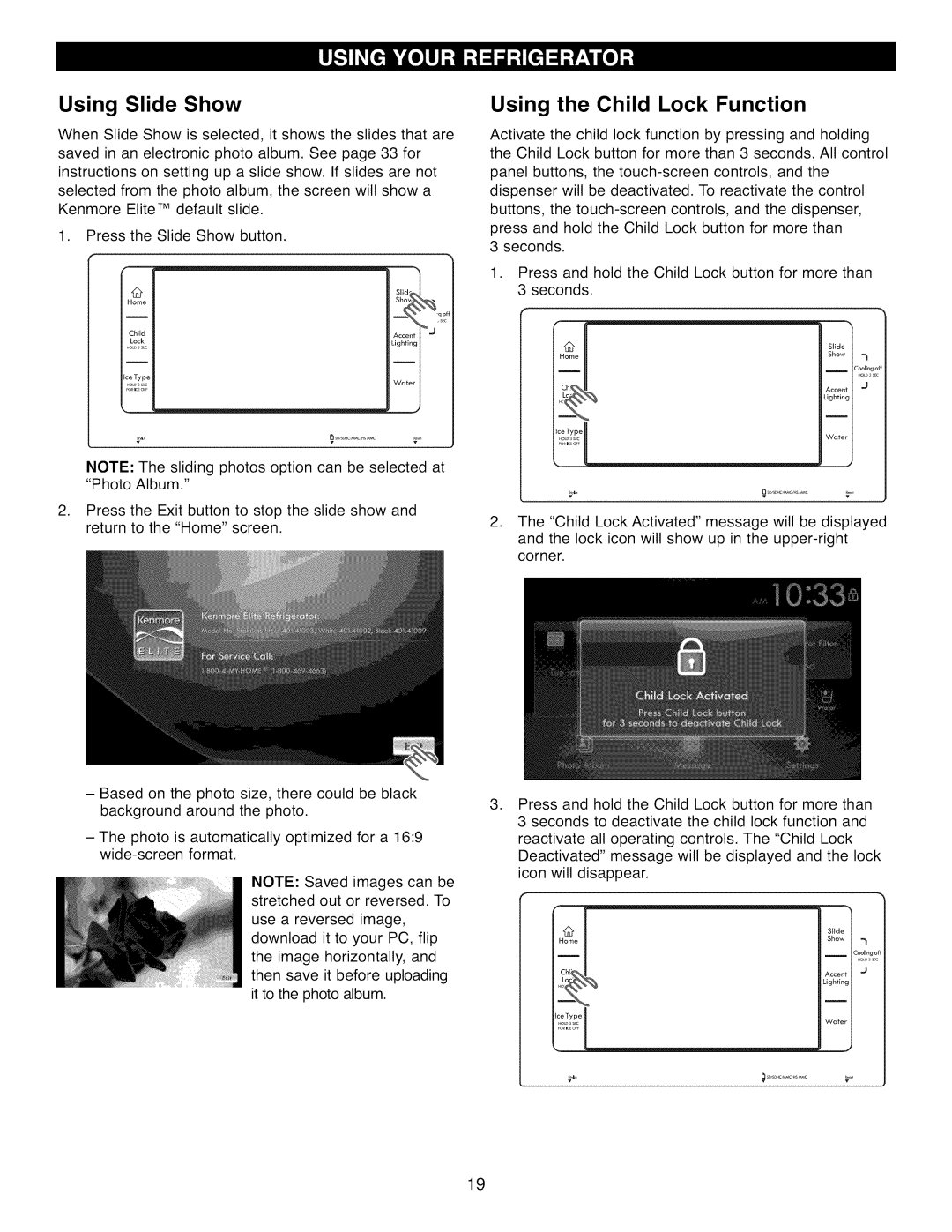 Kenmore 41002, 41003, 41009 manual Using Slide Show, Using the Child Lock Function 