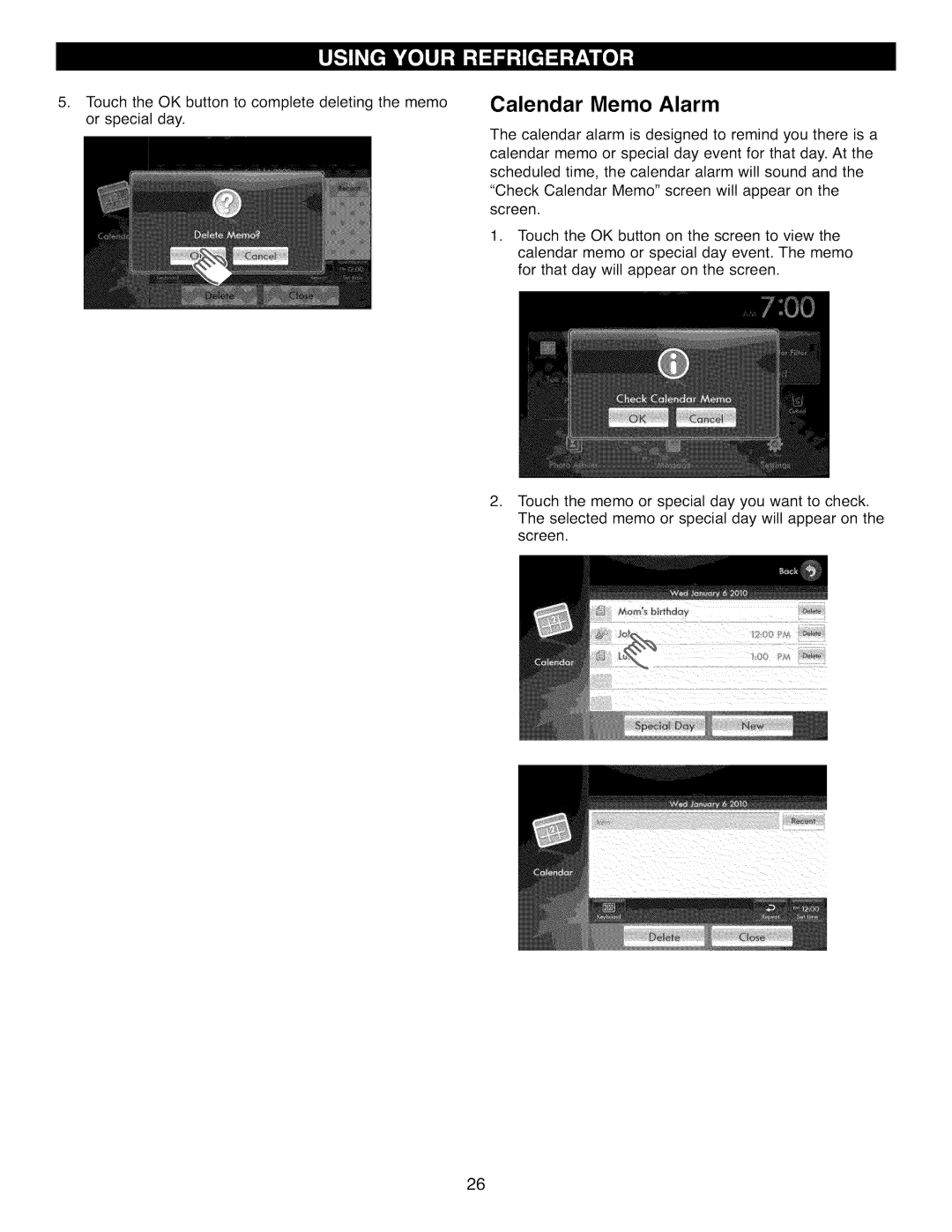 Kenmore 41009, 41003, 41002 manual Calendar Memo Alarm 