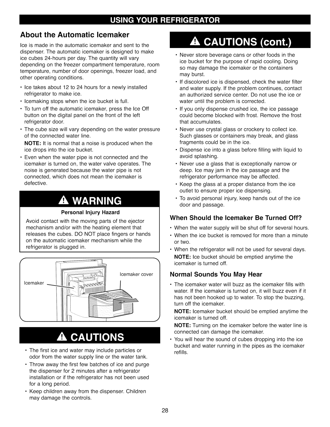 Kenmore 41002, 41003 About the Automatic Icemaker, When Should the Icemaker Be Turned Off?, Normal Sounds You May Hear 