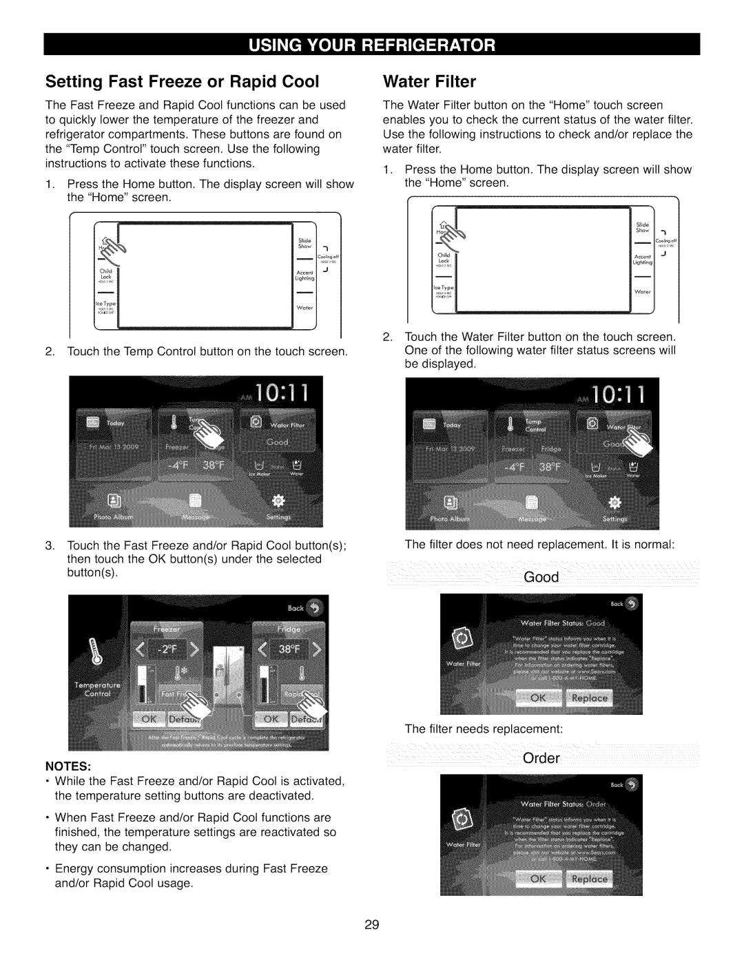 Kenmore 41009, 41003, 41002 manual Setting Fast Freeze or Rapid Cool, Water Filter 