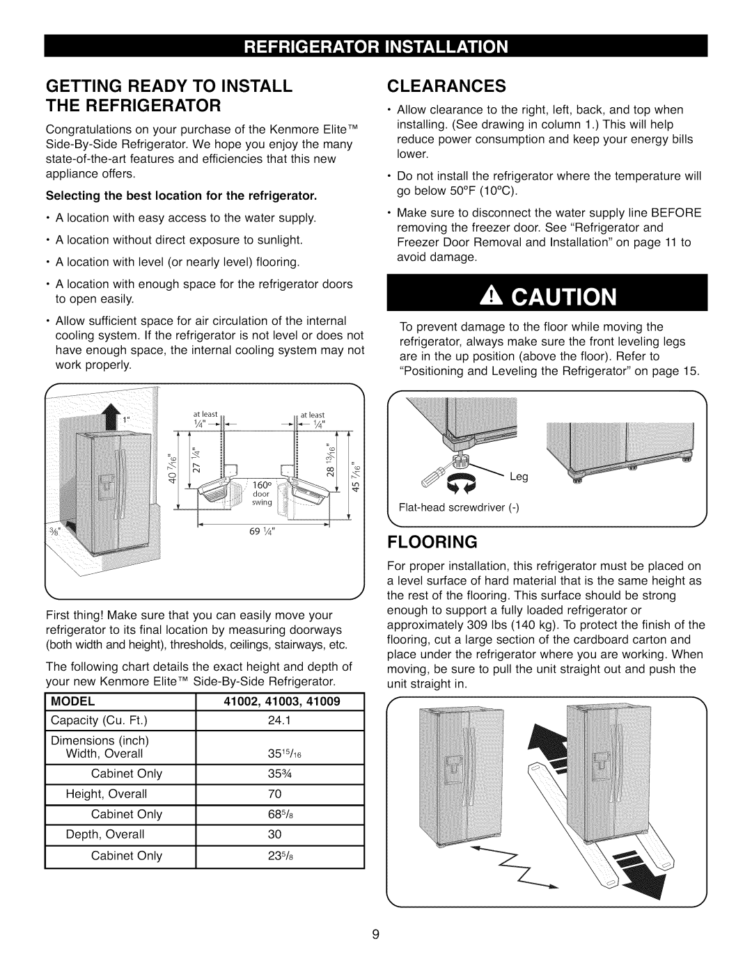 Kenmore 41009 manual Getting Ready to Install Refrigerator, Clearances, Flooring, 41002, 41003 