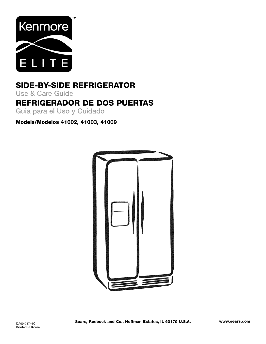 Kenmore 41009 manual Models/Modelos 41002, 41003, Side-By-Siderefrigerator, Refrigerador De Dos Puertas, DA99-01746C 