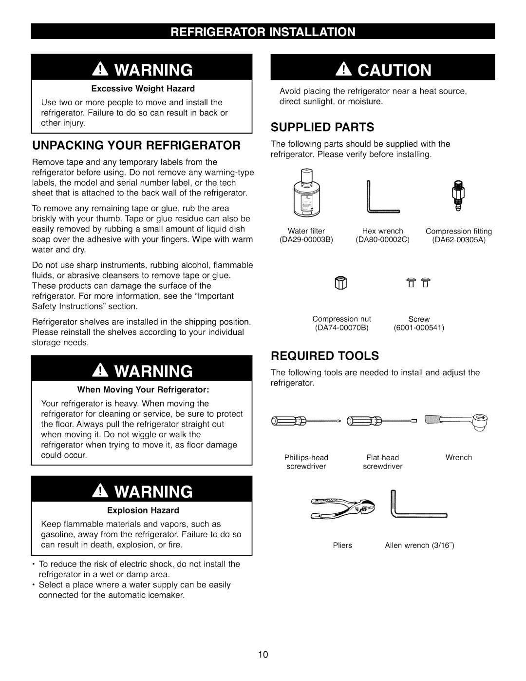 Kenmore 41002, 41003, 41009 manual Unpacking Your Refrigerator, Supplied Parts, Required Tools 