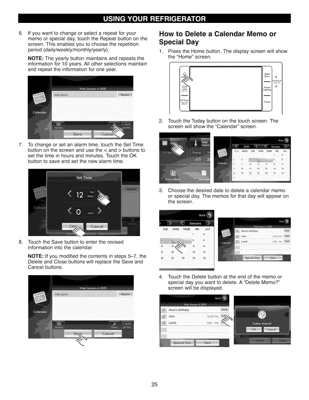 Kenmore 41002, 41003, 41009 manual How to Delete a Calendar Memo or Special Day 