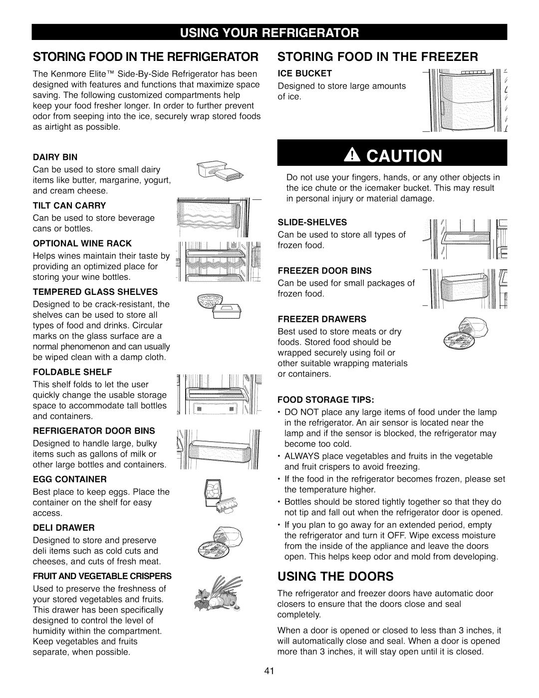 Kenmore 41009, 41003, 41002 manual Storing Food In The Refrigerator, Storing Food In The Freezer, Using The Doors 