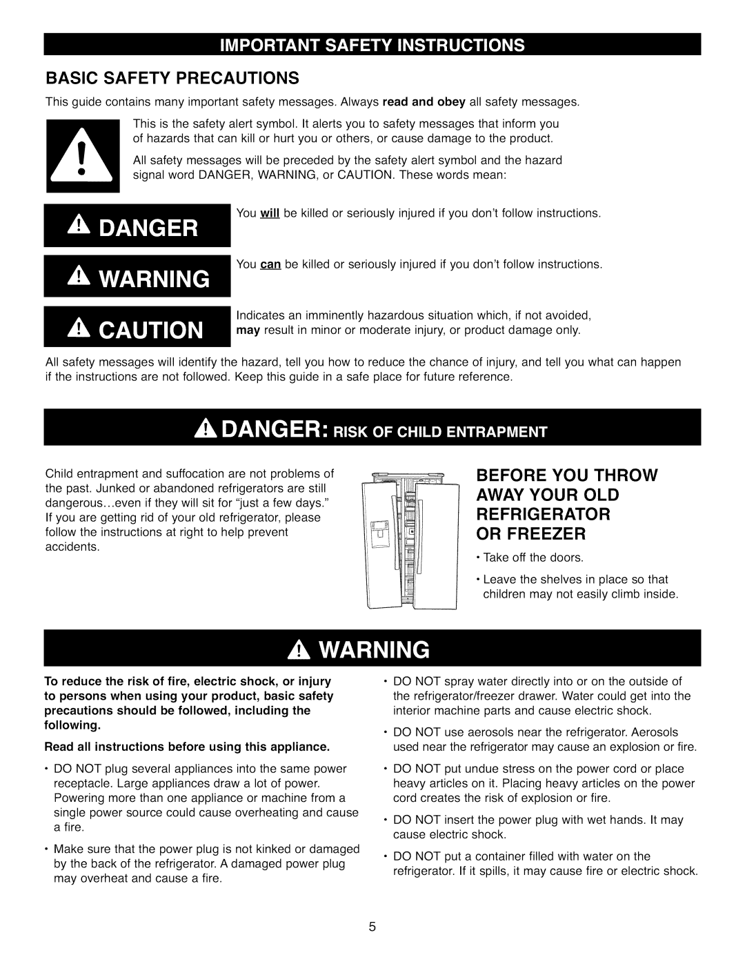 Kenmore 41009, 41003, 41002 manual Basic Safety Precautions, Before You Throw Away Your Old Refrigerator, Or Freezer 