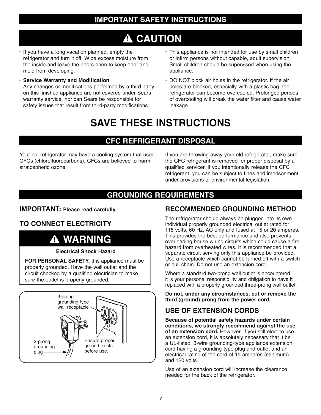 Kenmore 41002, 41003 To Connect Electricity, Recommended Grounding Method, Use Of Extension Cords, Save These Instructions 