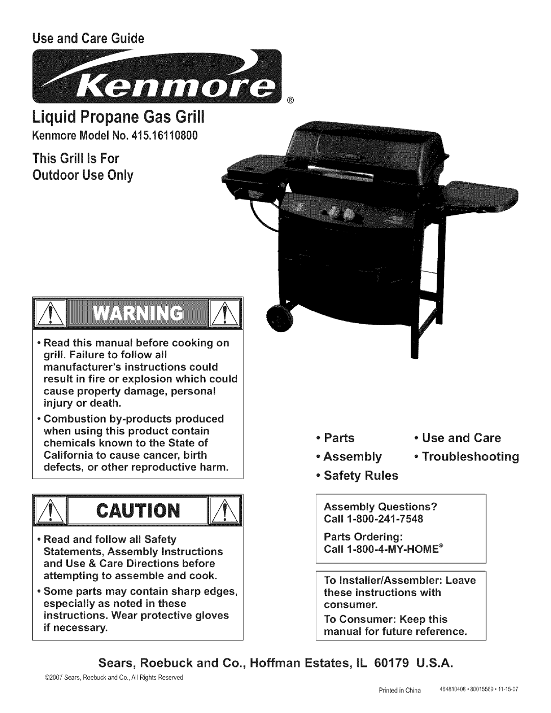 Kenmore 415.161108 manual LiquidPropaneGasGrill 