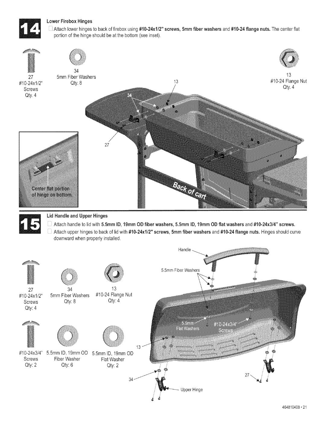 Kenmore 415.161108 manual LowerFireboxHinges, #10-24x1/2 Qty.8, Qty8 Qty4 #10-24x3/45.5mmID, 19mmOD, FiberWasher, Qty2 Qty6 