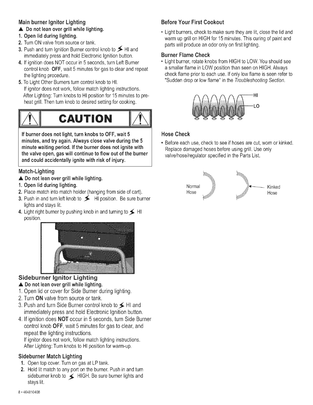 Kenmore 415.161108 manual Match-Lighting Do not lean over grill while lighting, Hose, Sideburner Match Lighting 