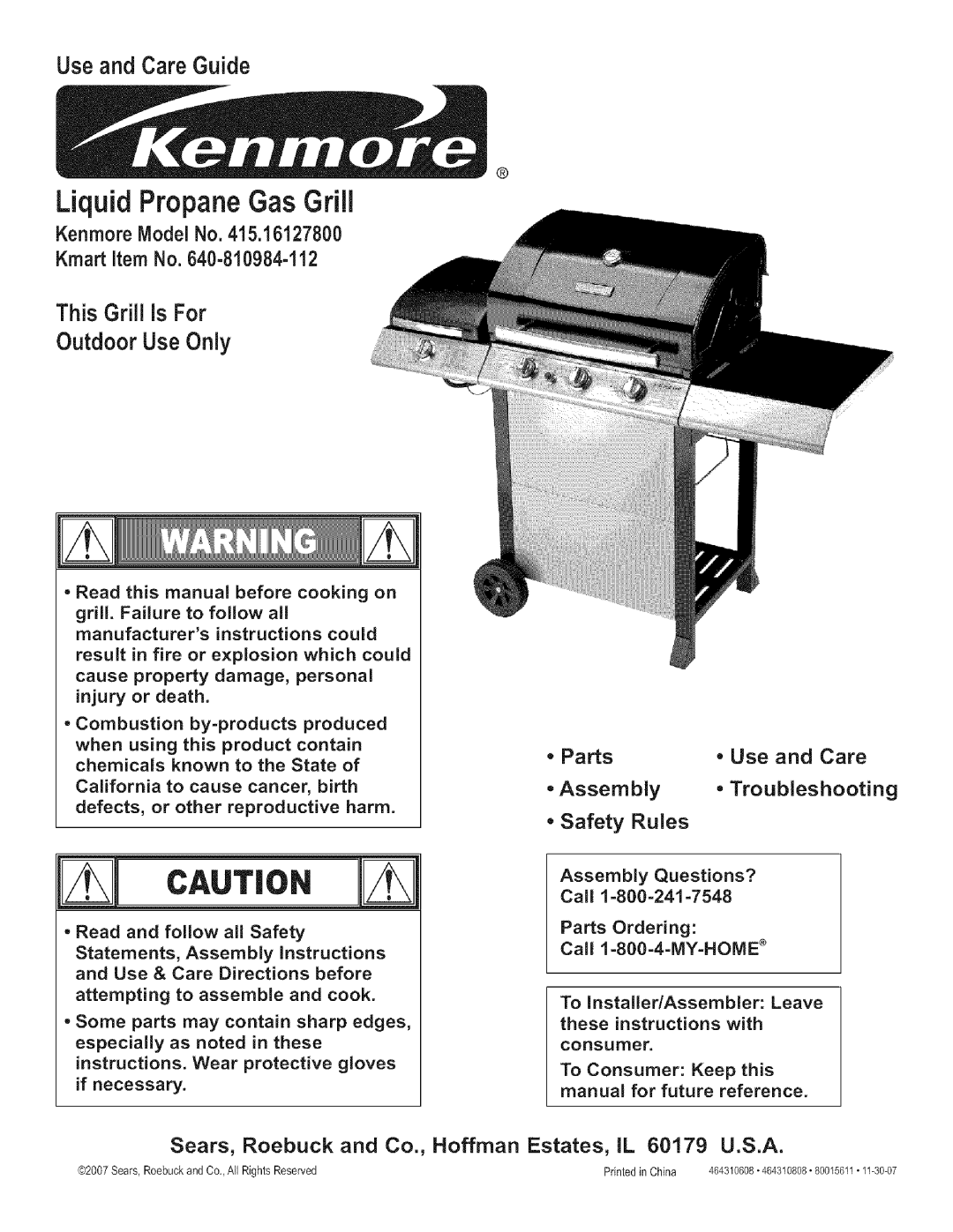 Kenmore 415.161278 manual LiquidPropaneGasGrill 