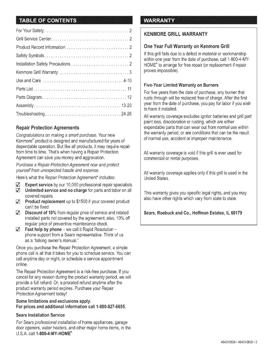 Kenmore 415.161278 manual One Year Full Warranty on Kenmore Grill 