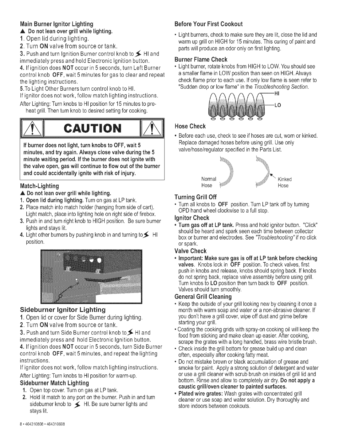 Kenmore 415.161278 manual Match-Lighting Do not lean over grill while lighting, Sideburner ignitor Lighting 