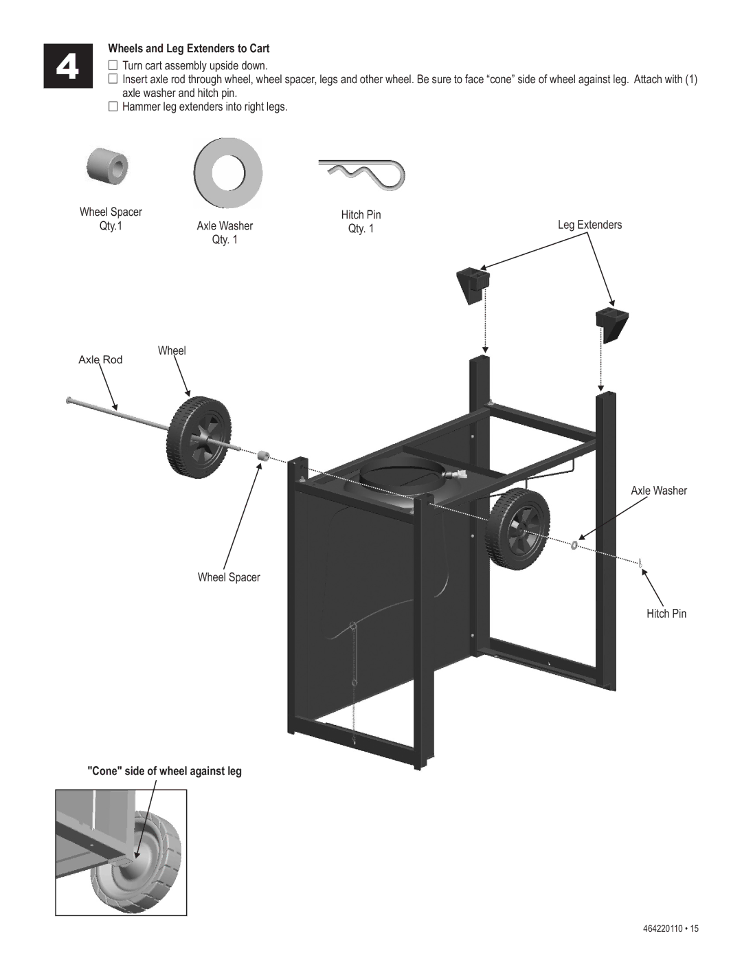 Kenmore 415.1612801 manual Wheels and Leg Extenders to Cart, Cone side of wheel against leg 