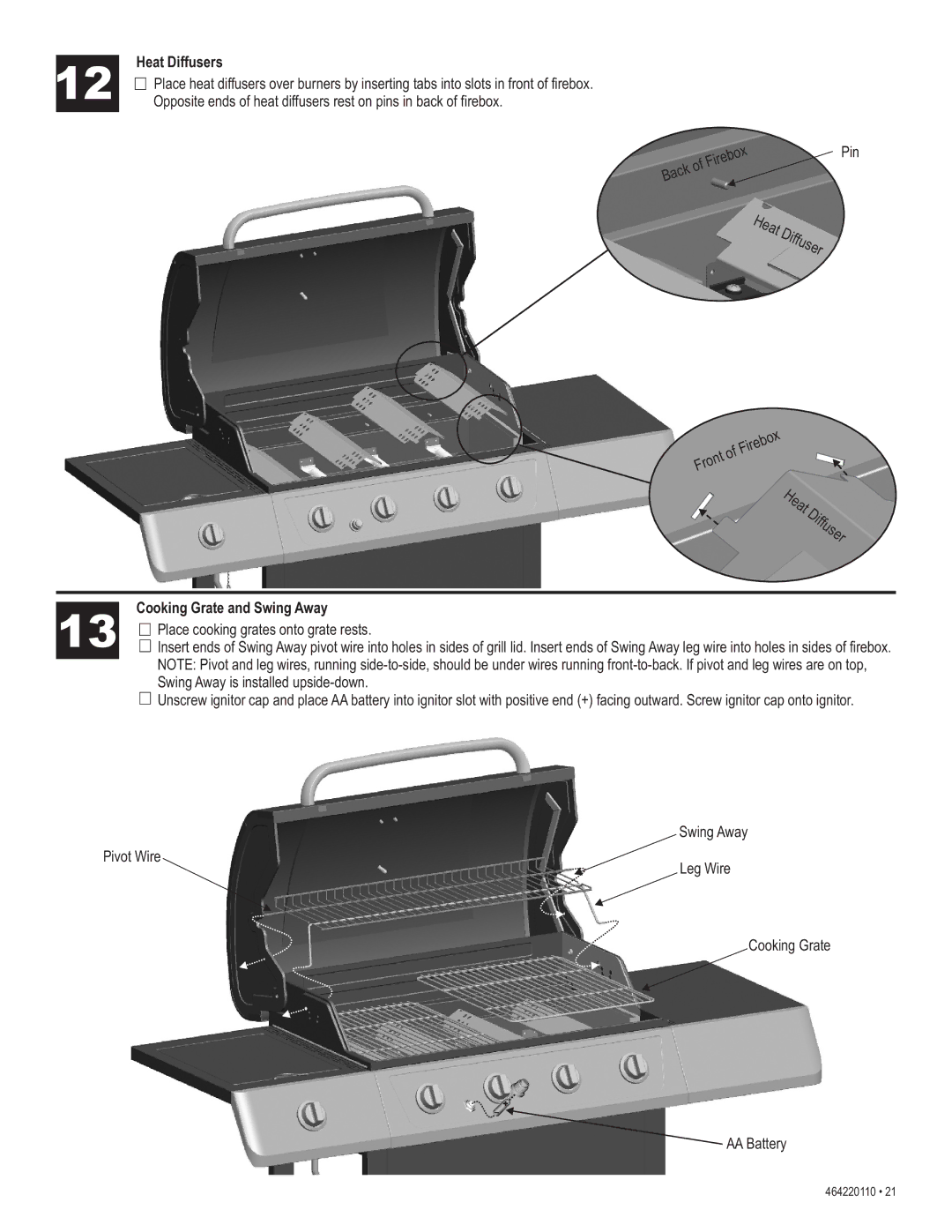 Kenmore 415.1612801 manual Heat Diffusers, Cooking Grate and Swing Away 