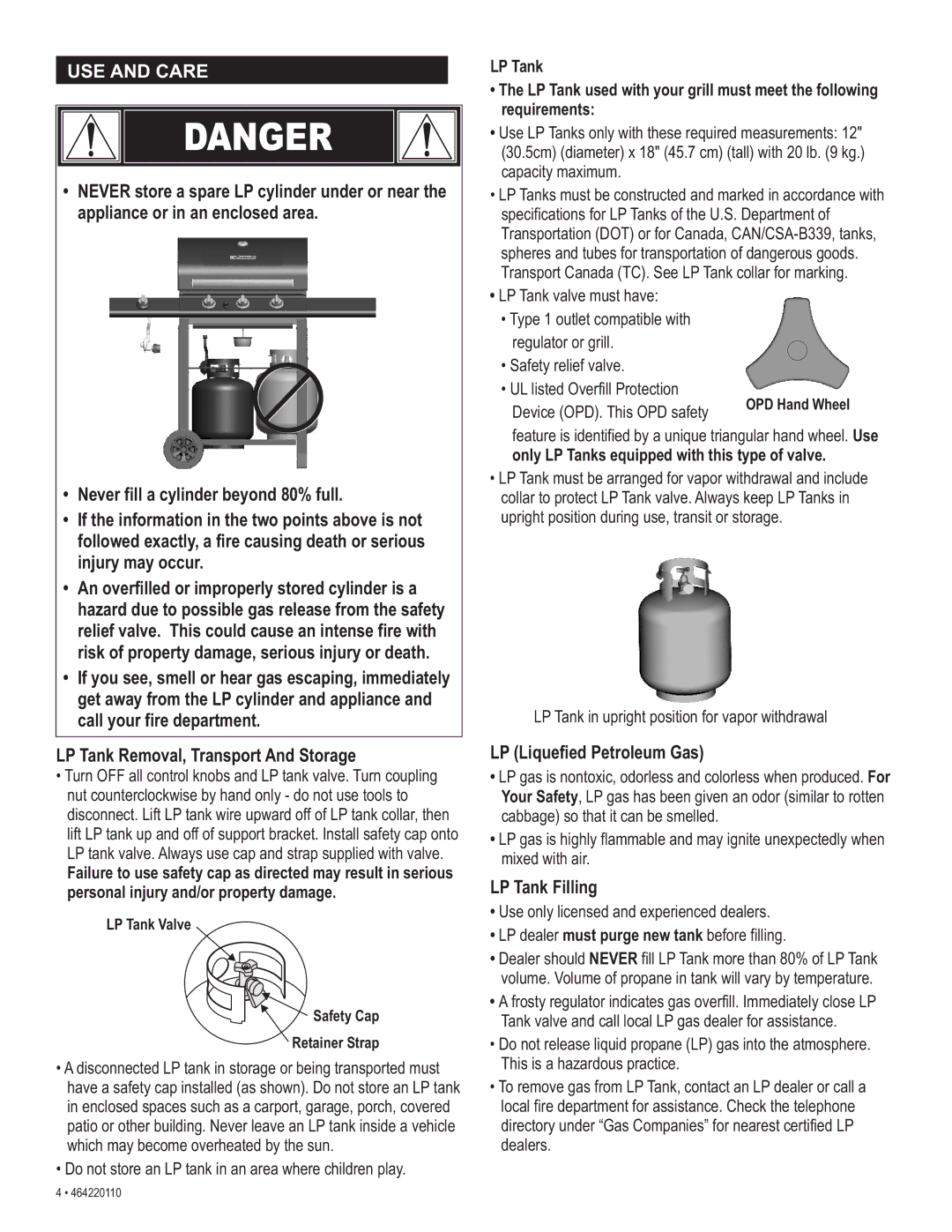 Kenmore 415.1612801 manual LP Liquefied Petroleum Gas, LP Tank Filling, Only LP Tanks equipped with this type of valve 