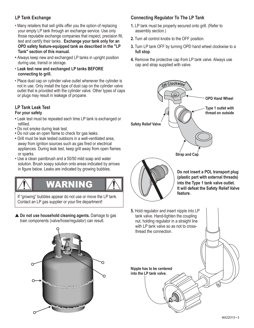 Kenmore 415.1612801 manual LP Tank Exchange, LP Tank Leak Test, Connecting Regulator To The LP Tank, For your safety 