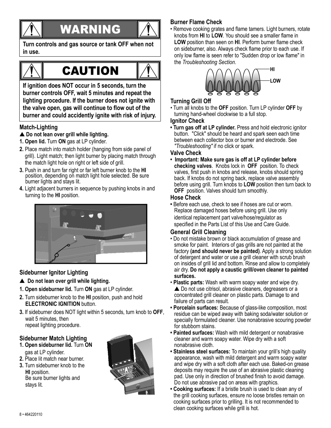 Kenmore 415.1612801 manual Sideburner Ignitor Lighting, Sideburner Match Lighting, Burner Flame Check, Turning Grill Off 