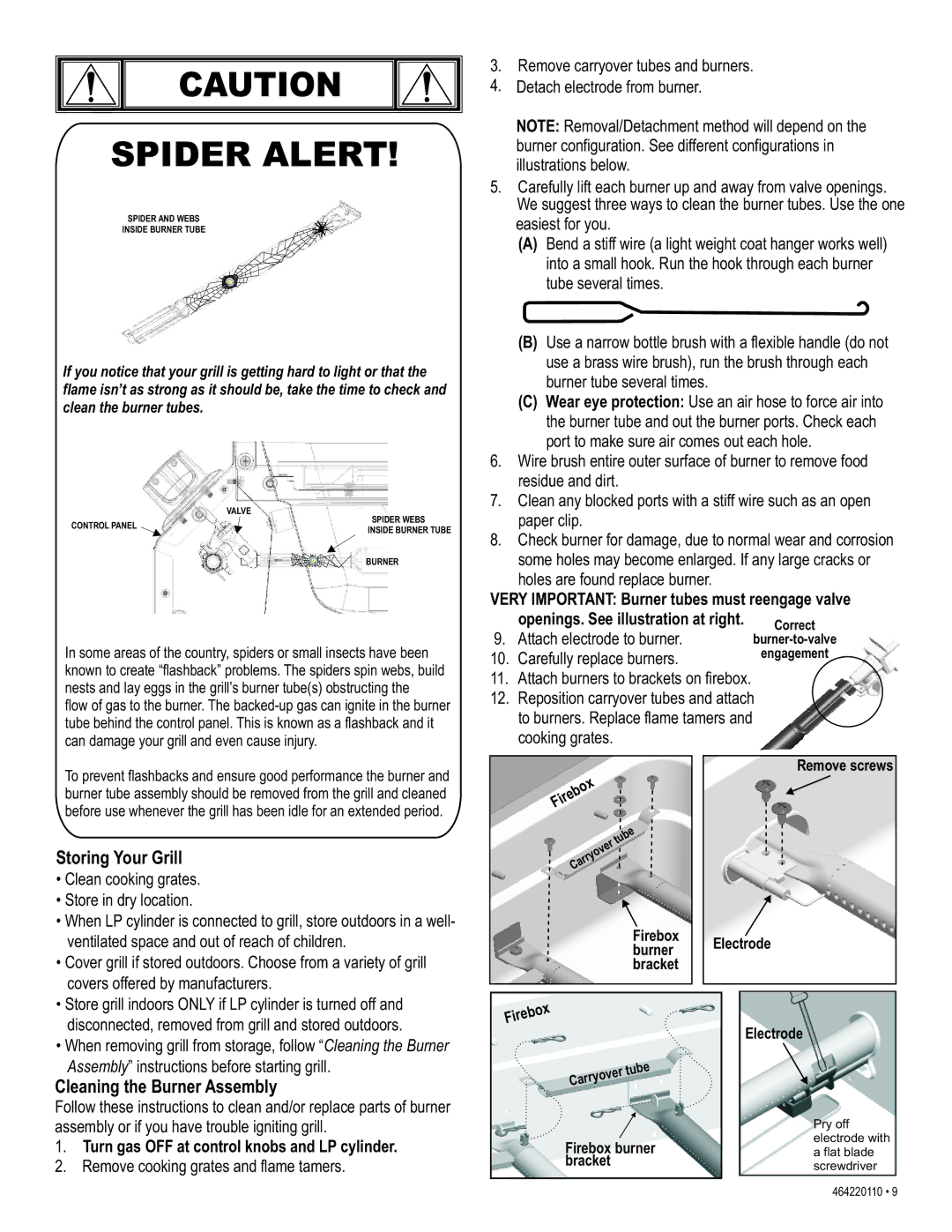 Kenmore 415.1612801 Storing Your Grill, Cleaning the Burner Assembly, Very Important Burner tubes must reengage valve 