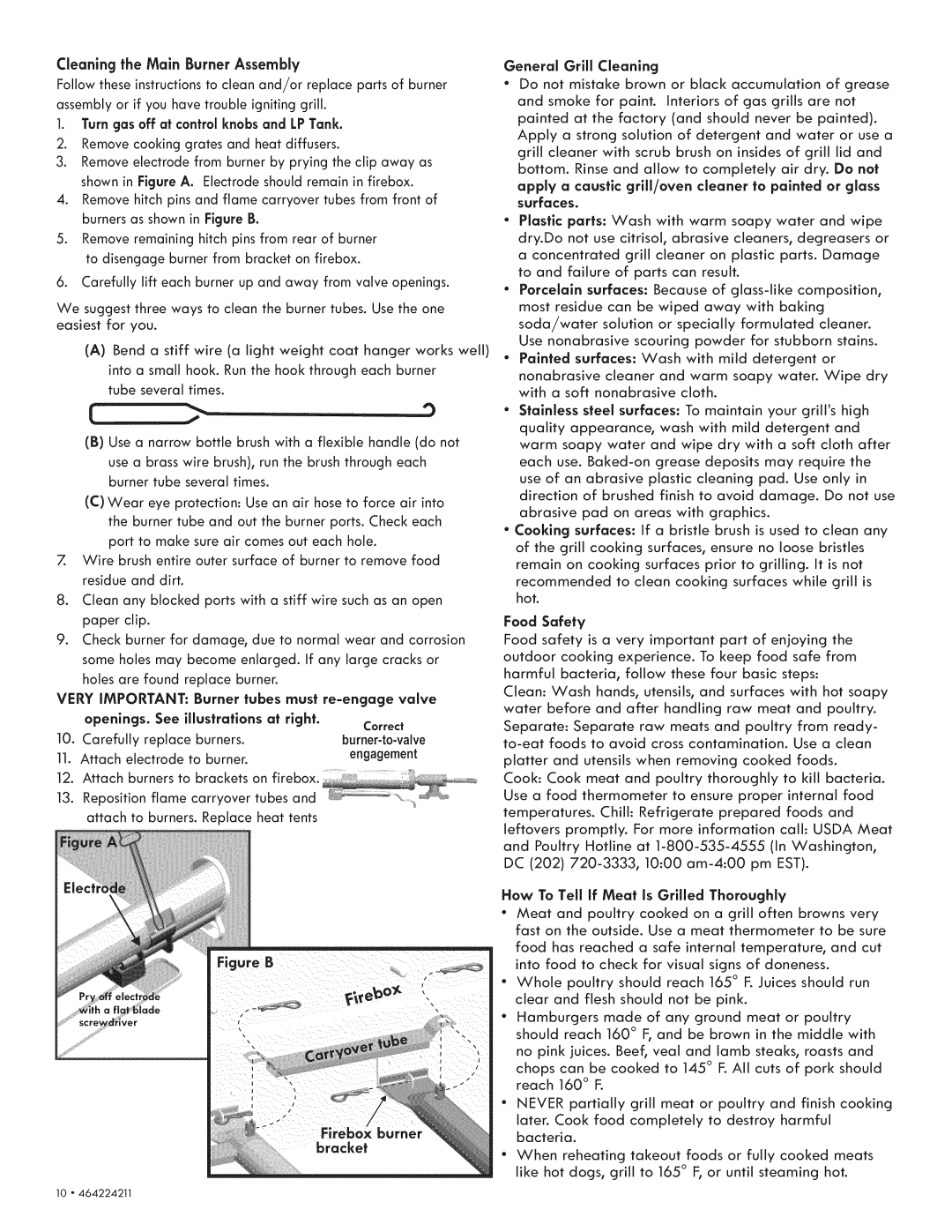 Kenmore 415.1613911 manual Very iMPORTANT Burner tubes, Re-engage valve, See illustrations at Right, Food Safety 