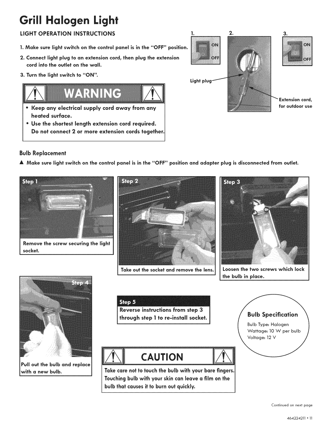 Kenmore 415.1613911 manual Light Operation iNSTRUCTiONS, Bulb Replacement, For outdoor use 