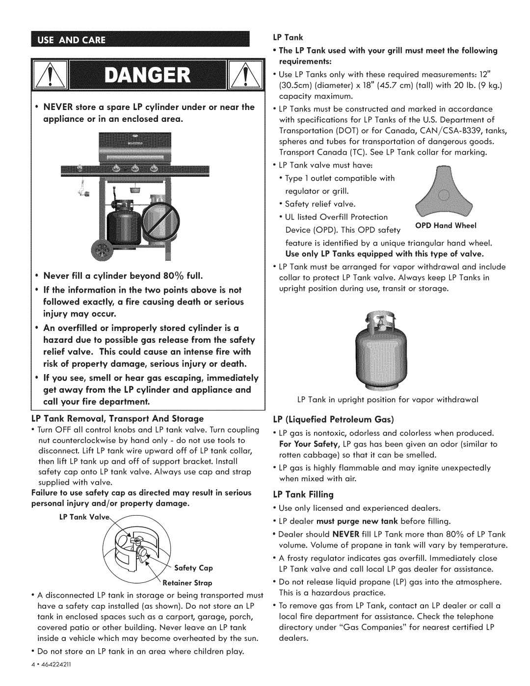 Kenmore 415.1613911 manual LP Tank, Never store a spare LP cylinder under or near, Appliance or in an enclosed area 