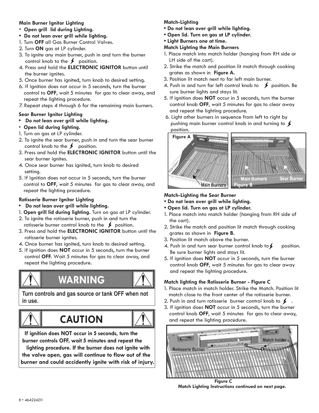 Kenmore 415.1613911 manual Open grill lld during Lighting, If ignition does not occur in 5 seconds, turn 