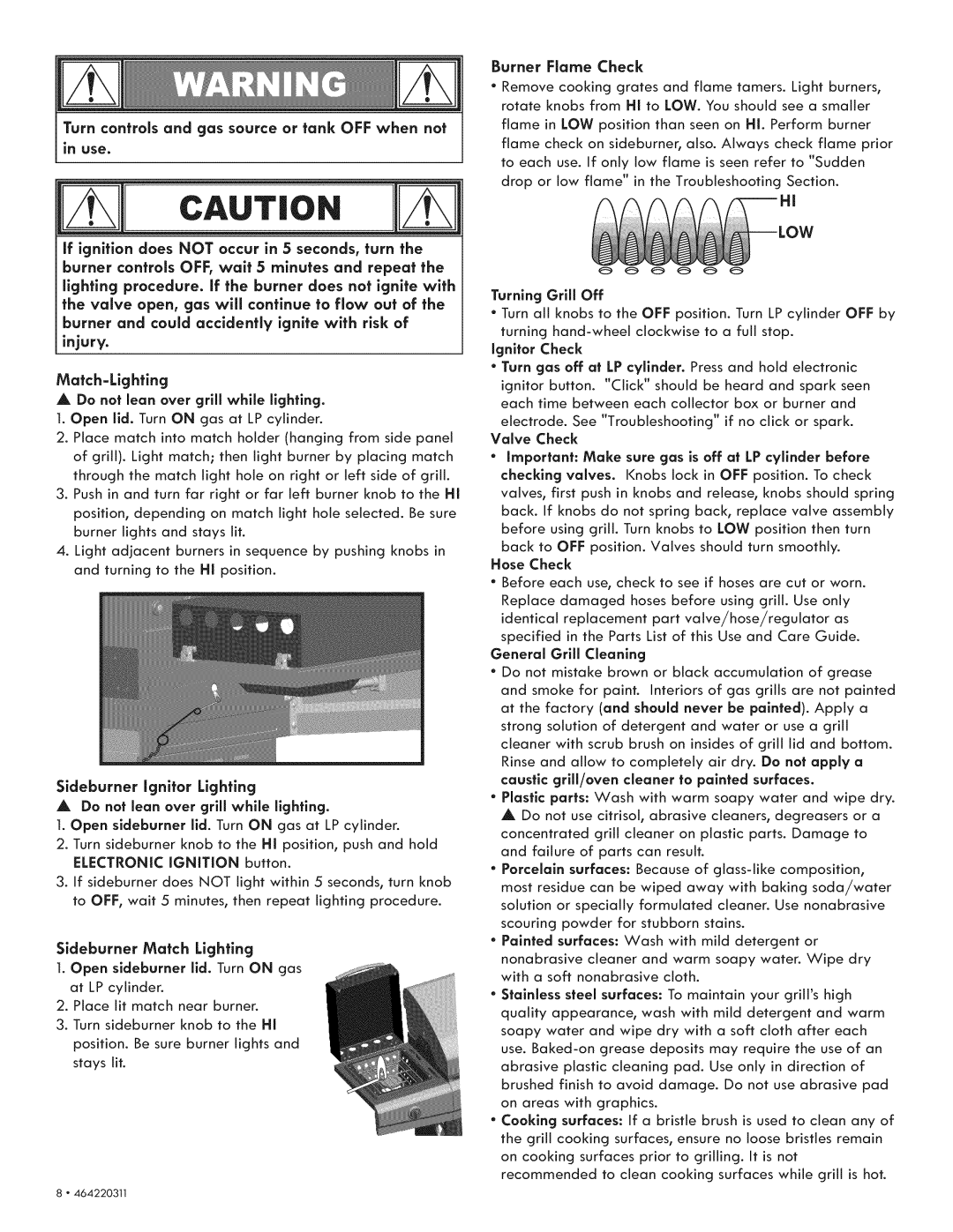 Kenmore 415.1615111 Turn controls and gas source or tank OFF when not, Do not lean over grill while lighting, Hose Check 